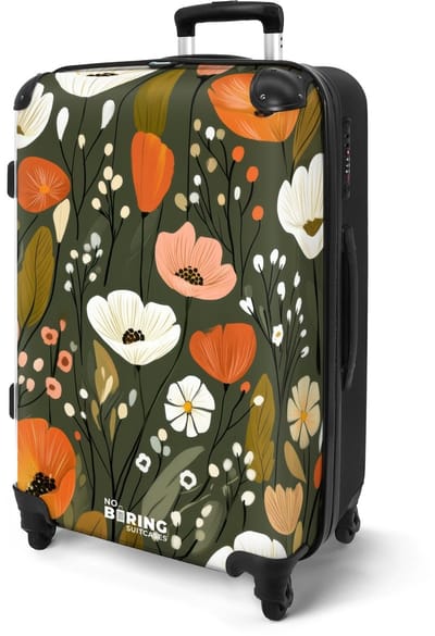 NoBoringSuitcases.com® - Koffer groot - Rolkoffer lichtgewicht - Groen met oranje bloemen - Reiskoffer met 4 wielen - Reis trolley - Grote valies XL - Bagagekoffer op wieltjes - 20 kg bagage - Ruimbagage middelgroot