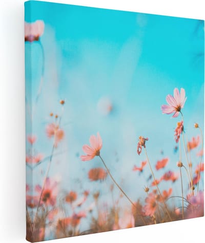 Artaza Canvas Schilderij Bloemen - 80x80 cm - Wanddecoratie Bloemenveld - Muurdecoratie Roze - Schilderijen Op Canvas