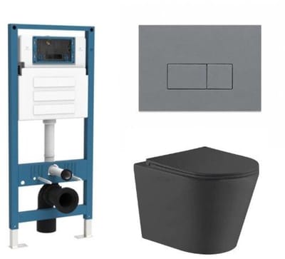 QeramiQ Dely Toiletset - inbouwreservoir Qeramiq Flush - slim zitting - kunststof licht grijze bedieningsplaat - rechthoekige knoppen - mat zwart