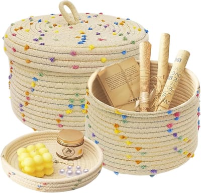 Set van 2 Gevlochten Katoenen Opbergmanden met Deksel, Ronde Mand voor Planten, Breigarens en Decoratie Accessoires met Kleurrijke Dots