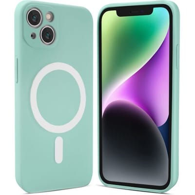 ShieldCase telefoonhoesje geschikt voor Apple iPhone 14 Plus Magneet hoesje siliconen zijde - mintgroen - Backcover case - Shockproof hoesje - Zacht hoesje met oplaad ring