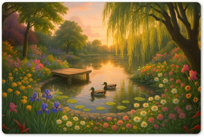 Placemats 45x30 cm - Placemat kunststof - 1 stuk - Eenden - Vijver - Bloemen - Borden onderleggers - Decoratie voor op tafel - Keuken tafeldecoratie accessoires - Vinyl onderlegger - Tafelversiering