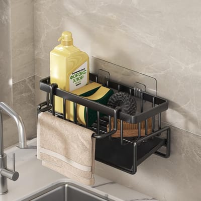 Wandgemonteerde gootsteencaddy voor de keuken - Multifunctioneel afwasbak-opbergrek met snellekbak - Zwart