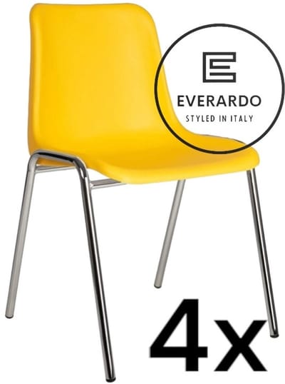 King of Chairs -set van 4- model KoC Everardo geel met verchroomd onderstel. Kantinestoel stapelstoel kuipstoel vergaderstoel tuinstoel kantine stoel stapel kantinestoelen stapelstoelen kuipstoelen stapelbare keukenstoel Helene eetkamerstoel