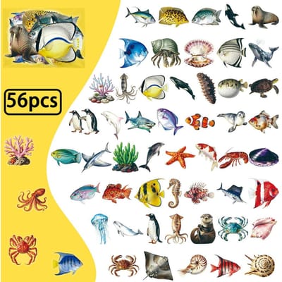 56 Autocollants d'Animaux Marins Réalistes Neufs - Décalcomanies Poissons PET Hautement Transparentes pour Loisirs Créatifs Magasin RecordingYourLife