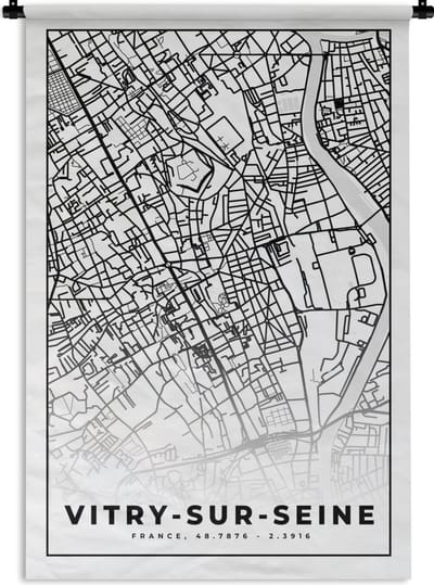 Wandkleed - Wanddoek - Stadskaart - Plattegrond - Kaart - Vitry-sur-Seine - Frankrijk - Zwart wit - 120x180 cm - Wandtapijt