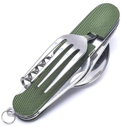 Bestek set opvouwbaar - Survival bestekset - Zakmes - Multitool - Kampeer bestek - Campingbestek - Mes / lepel / vork / opener / kurkentrekker / hoesje - 6-in-1 - Outdoor gadget - RVS - Jonyx