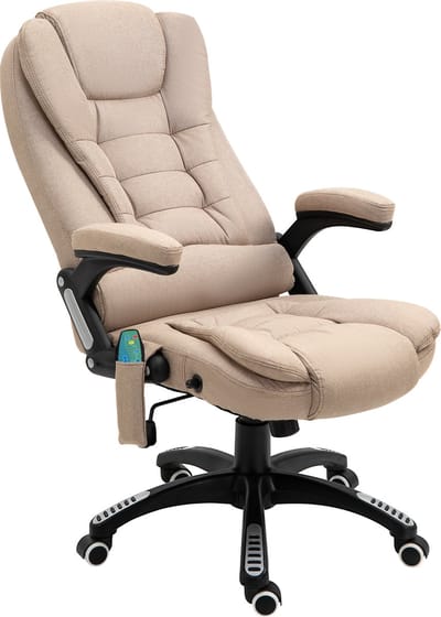 Ergonomische Bureaustoel met Vibratie- en Verwarmingsfunctie Bruin, 68x72x110-120 cm, 6-punts massage (nek, schouders, rug, heupen), ligfunctie tot 130°, in hoogte verstelbaar, 360° draaibaar, met afstandsbediening en zijvak, belastbaar tot 120 kg