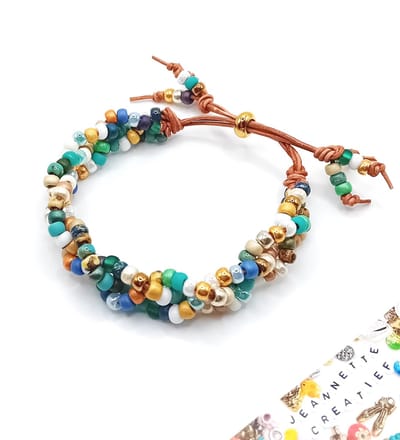 Jeannette-Creatief® - Beach - Miyuki Rocailles Blue Lagoon Sandy Beach Leren Armband met Schuifknoop - Leren Armband - Gevlochten Armband - Vlechtarmband - Kralenarmband - Armband - Handgemaakte Sieraden - Sieraden - Miyuki Armband