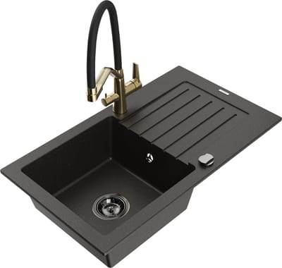 Mexen Pablo granieten spoelbak 1-komoers met afdruiprek en keukenkraan Duo, zwart/gouden metallic - 6510-75-671701-57-B