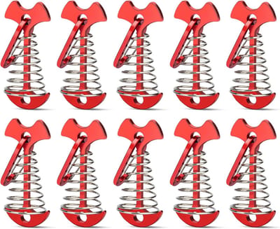 Fishbone dekankerharingen - 10 stuks -rood - aluminium kleurrijke dekankerharingen - met karabijnhaken tenttouwspanners - met veergesp Fishbone tentharingen - voor buiten wandelen kamperen - campingaccessoires - spanveer - trekveer