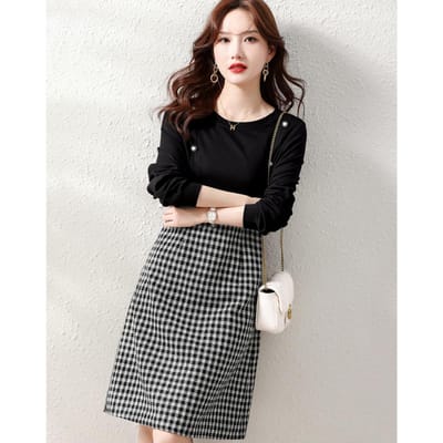 Nieuwe Herfst Casual Rok Lange Mouwen Losse Koreaanse Versie Patchwork Geruite Jurk Dames 2XL zwart