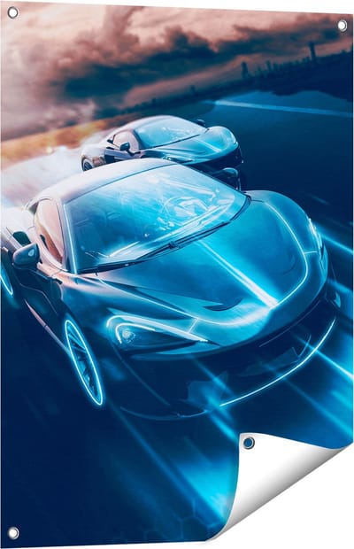 Gards Tuinposter Twee Raceauto's - Abstract - 60x80 cm - Tuindoek - Tuindecoratie - Wanddecoratie buiten - Tuinschilderij