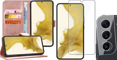 Hoesje geschikt voor Samsung Galaxy S22 Plus - Book Case Kunstleer Wallet Cover Portemonnee Pasjeshouder Hoes Roségoud - Tempered Glass Screenprotector - Camera Lens Protector