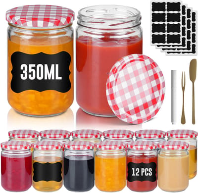 ACXIN Kleine Bewaarpotjes Mason Jars - Luchtdichte Ronde Potjes Met Metalen Deksel - Rood & Wit Gevlekt - 350 ml - Set Van 12
