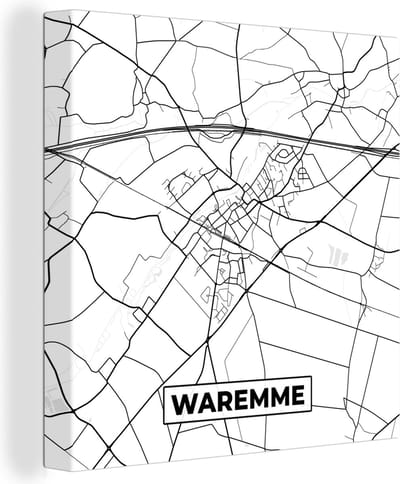 Canvas Schilderij Plattegrond – Waremme – Zwart Wit – Stadskaart - Kaart - België - 20x20 cm - Wanddecoratie