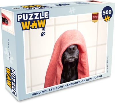 Puzzel Hond met een rode handdoek op zijn hoofd - Legpuzzel - Puzzel 500 stukjes