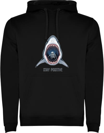 Zwarte hoodie Kleurrijke Haai met skelet - Stay Positive - Blijf Positief - Geweldig - Humor Maat M