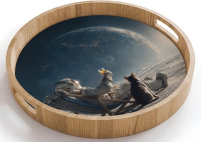 Dienblad rond 40x40 cm - Schootdienblad hout - Maan - Kat - Astronaut - Ruimte - Borrelplank rechthoek - Plateau houten dienbladen