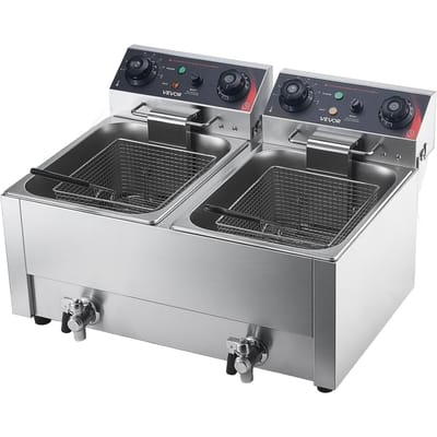 Friteuse Électrique Professionnelle, Modèle Amélioré Double Réservoir Capacité Huile 14 L, 5000W Acier Inoxydable sur Table avec Paniers et Couvercles, Contrôle Température, Minuterie,