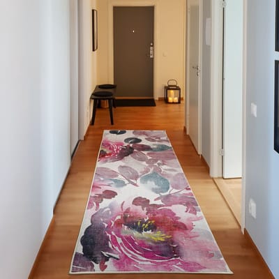 ABAKUHAUS Decoratief vloerkleed met bloemen, boho rozen, hoogwaardig vloerkleed voor slaapkamer en woonkamer, 76x229 cm, magenta grijs roze kokos