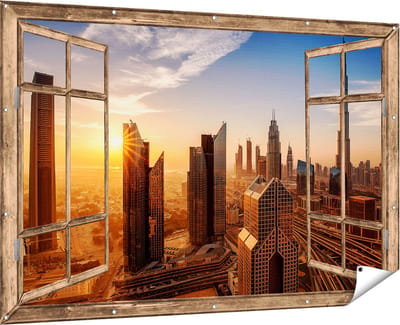 Gards Tuinposter Doorkijk Dubai Stad bij Zonsopgang - 180x120 cm - Tuindoek - Tuindecoratie - Wanddecoratie buiten - Tuinschilderij