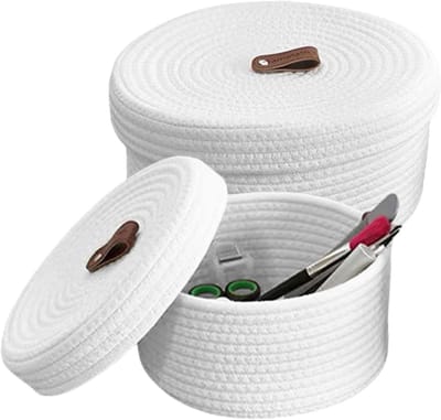 Set van 2 Opbergmanden met Deksel van Katoen, Gevlochten Opbergmanden, Stapelbaar voor Keuken, Woonkamer en Badkamer, Wit