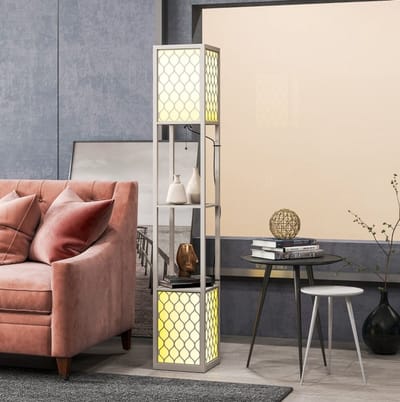 MEUNIQ staande lamp met 2 planken 26 x 26 x 156 cm, moderne vloerlamp met trekschakelaar, E27 40W, stoffen kap, woonkamer en hoekverlichting, lichtgrijs