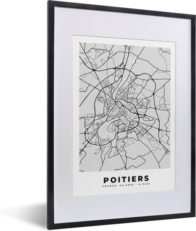 Fotolijst incl. Poster - Poitiers - Plattegrond - Frankrijk - Kaart - Stadskaart - 30x40 cm - Posterlijst