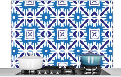 Spatscherm keuken 120x80 cm - Kookplaat achterwand Vector - Blauw - Tegels - Patronen - Muurbeschermer - Spatwand fornuis - Hoogwaardig aluminium