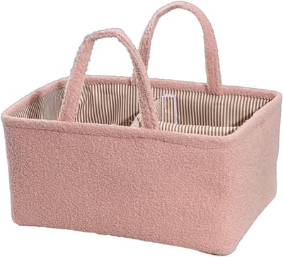 Luiertas - Opbergmand - 38×27×18 cm - Luiertas - Met handvat - Kort pluche - Meerdere gevoerde vakken - Lichtgewicht opbergruimte voor luiers en billendoekjes - Roze