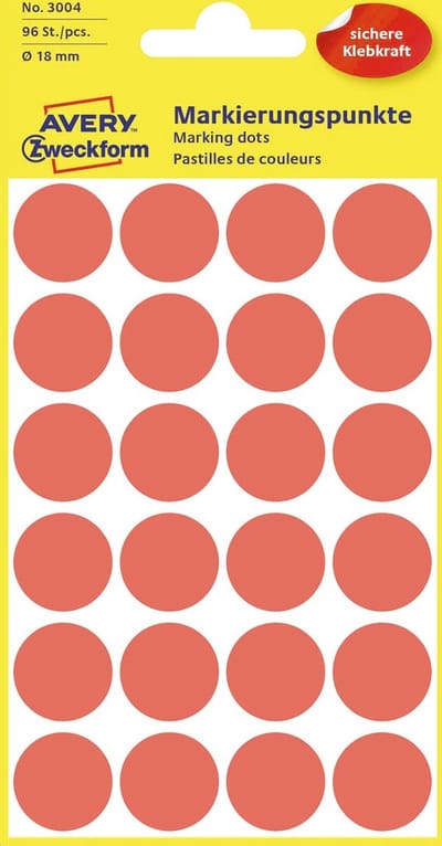 Etiket avery 3004 rond 18mm rood 96st | 10 stuks