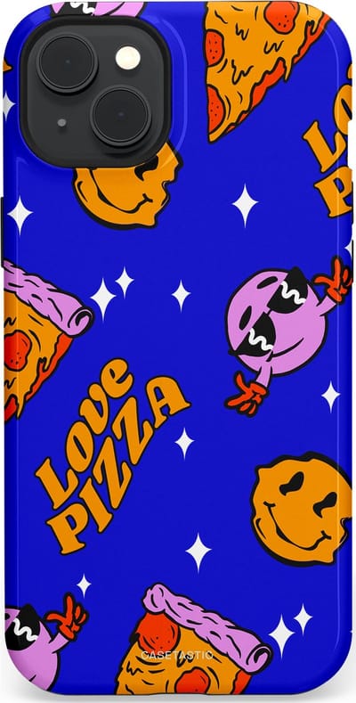Casetastic hoesje geschikt voor Apple iPhone 15 Plus - MagSafe - Dubbellaagse bescherming - Funky Pizza - Fashion Case - Paars Okergeel Donkerblauw Bruin