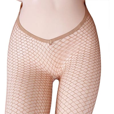 Collants résille scintillants pour femmes Or métallique Argent Dentelle ajourée Bas Taille en V Costume de scène Club Rave Collants One Size beige