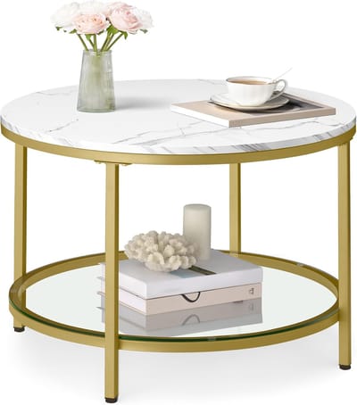 FurnStar – Salontafel – Woonkamertafel met glasplaat – Moderne banktafel met veel opbergruimte – Eenvoudige montage - 65 cmx46 cm– Marmerwit/Lichtgoud
