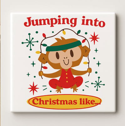 Jumping Into Christmas Like Keramische Tegel 15x15 cm – Schattige Aap met Kerstlampjes Ontwerp – Vrolijke Feestelijke Wanddecoratie & Kerstcadeau