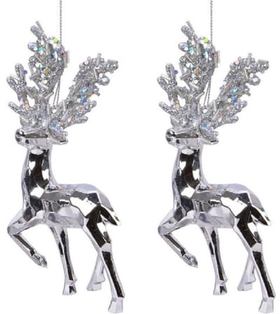 Decoris Kerstboomhanger Rendier - 3x - zilver - 16 cm - kunststof - kerstversiering