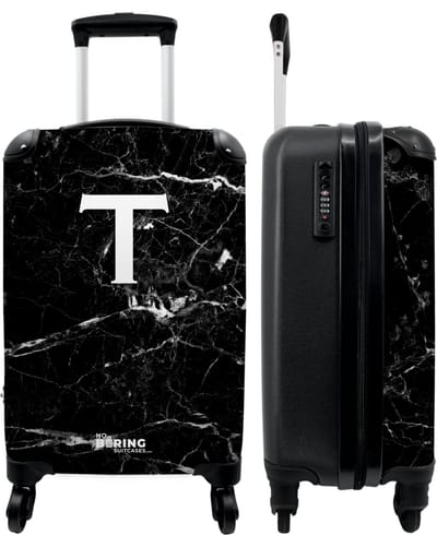 NoBoringSuitcases.com - Zwarte marmer koffer met letter T - Past binnen 55x40x20 cm en 55x35x25 cm - Trolley handbagage initialen zwart - Valiezen met wieltjes volwassenen - Reiskoffer op wielen - Rolkoffer lichtgewicht - Cadeau voor man en vrouw