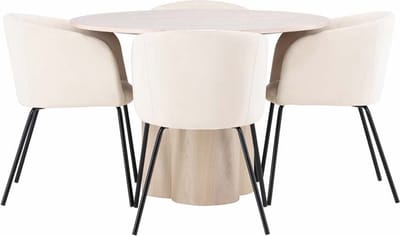Olivia eethoek tafel whitewash en 4 berit stoelen beige.