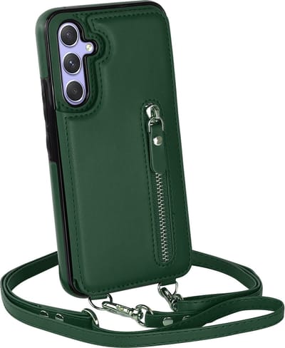 Casemania Hoesje Geschikt voor Samsung Galaxy A15 - Groen - Luxe Back Cover met Koord & Rits - Wallet Case met Pasjeshouder - Lanyard Telefoonhoes - Cord Case