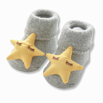 Babysokjes Gele Ster - 0-6 maanden - grijs - zacht - gevoerd fleece - anti-slip - katoen - kleine kinderen - 3D ster - kraamcadeau - jongen - meisje - pasgeboren - cadeau