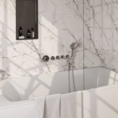 Brauer Chrome Carving thermostatische inbouw badkraan SET 02 met uitloop en 3-standen handdouche en doucheslang en wandaansluitbocht chroom