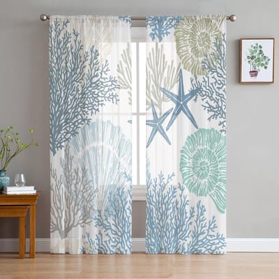 Blauwe Mariene Koraal Schelpen Zeester Pure Voile Gordijnen Tule Gordijnen Woonkamer Balkon Decoratie Gordijnen 135W x 114H(cm) white