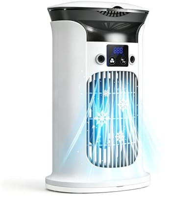 Mobiele Luchtkoeler met Verneveling - 880ml Watertank - 3 Snelheden - 7 Kleuren Nachtlampje - Fluisterstil 20 dB - USB-C Air Cooler - Wit