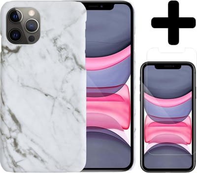 Hoesje Geschikt voor iPhone 11 Pro Hoesje Marmer Case Hard Cover Met Screenprotector - Hoes Geschikt voor iPhone 11 Pro Case Marmer Hoesje Backcover - Wit