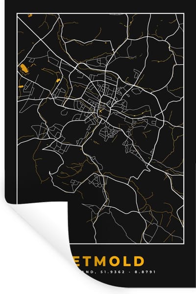 Muurstickers - Sticker Folie - Goud – Duitsland – Plattegrond – Gold – Stadskaart – Kaart – Detmold - 20x30 cm - Plakfolie - Muurstickers Kinderkamer - Zelfklevend Behang - Zelfklevend behangpapier - Stickerfolie