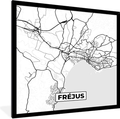 Fotolijst incl. Poster Zwart Wit- Stadskaart - Fréjus- Frankrijk - Kaart - Plattegrond - Zwart wit - 40x40 cm - Posterlijst