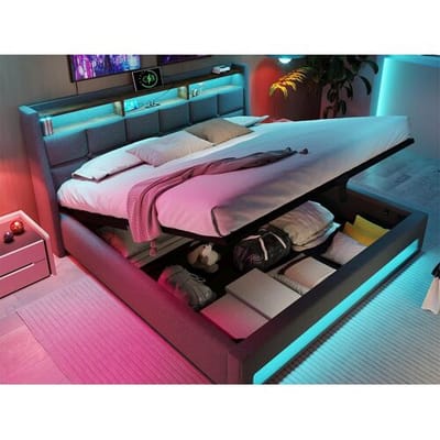 ModernLuxe Linnenopbergbed 140x200cm met LED- en USB-poorten - lattenbodem - grijs