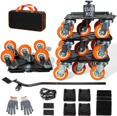 Transportwielen voor zware meubels, capaciteit 1500 kg, professioneel gereedschap voor meubelverhuizing, 5 wielen met zijbescherming (Oranje)