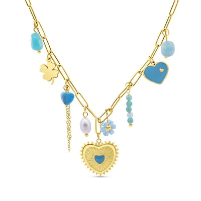 CO88 Collection - 8CN-26465 - platte schakelketting met bedels en blauwe kralen - goudkleurig